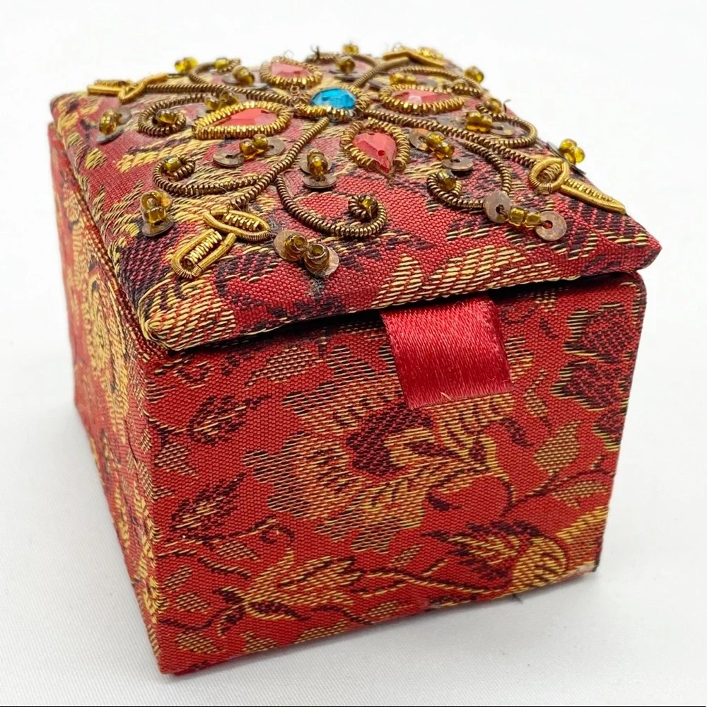 Vintage Boho Red Beaded Floral Fabric Trinket Box